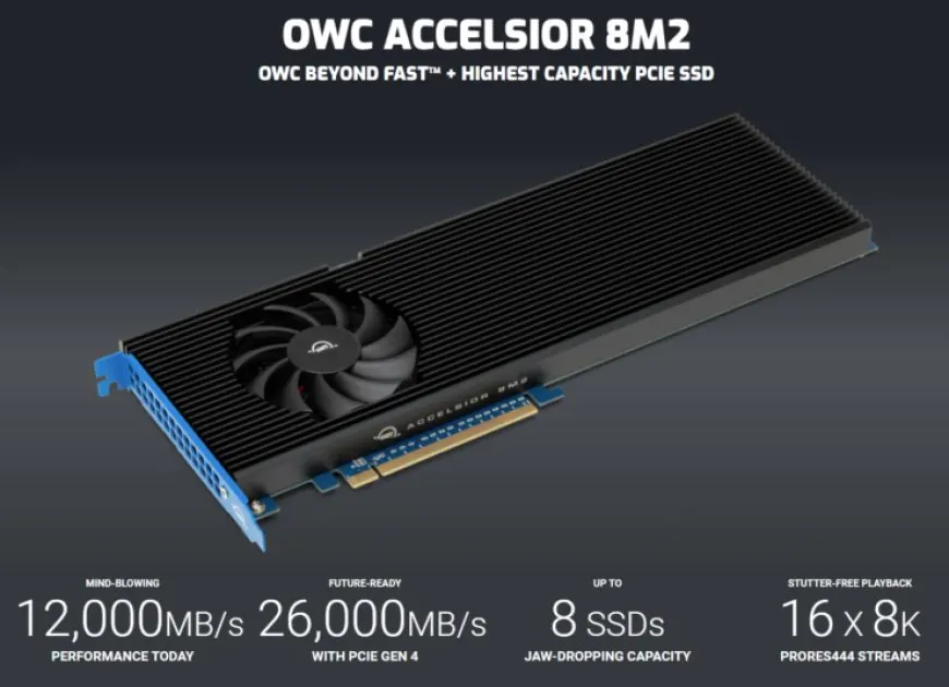 The OWC Accelsior 8M2 PCIe Gen 4 SSD AIC displays its circuit board and connector interface.