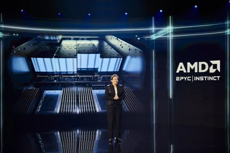 Event stage displaying AMD Accelerated Data Center branding alongside next generation EPYC and Instinct product logos.