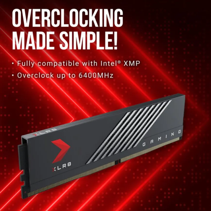 PNY XLR8 DDR5 desktop memory modules are displayed with retail packaging that lists 32 GB capacity and 5600 MHz speeds.
