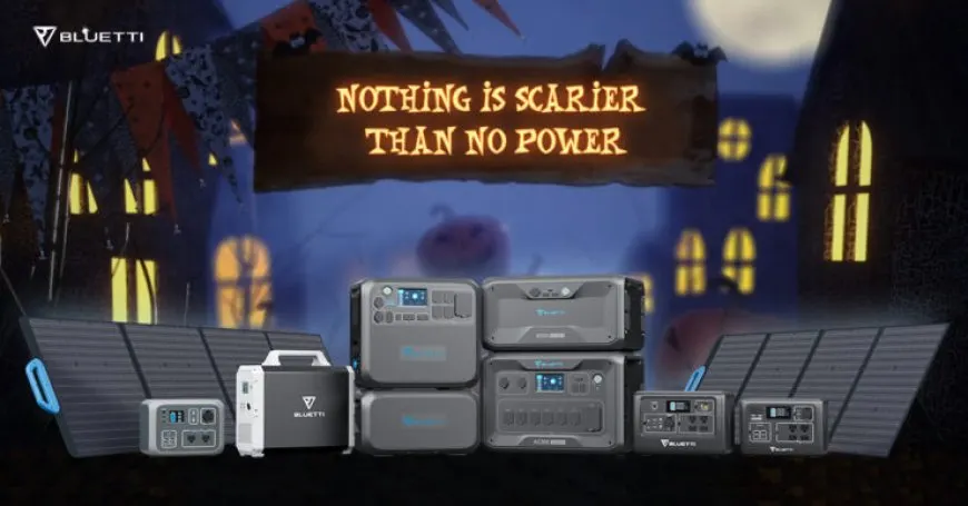 A portable power station and solar panel kit are displayed for emergency backup power.