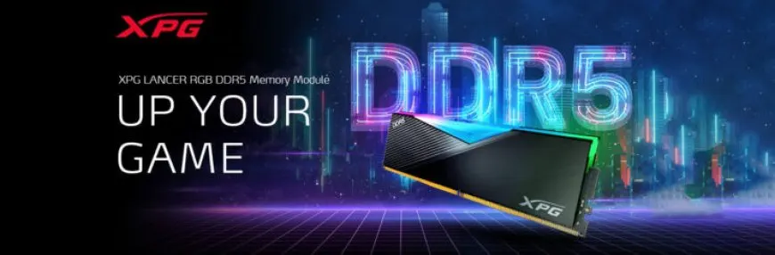 An ADATA XPG LANCER DDR5 memory module provides up to 16 gigabytes of capacity and 5200 Mbps transfer speed.