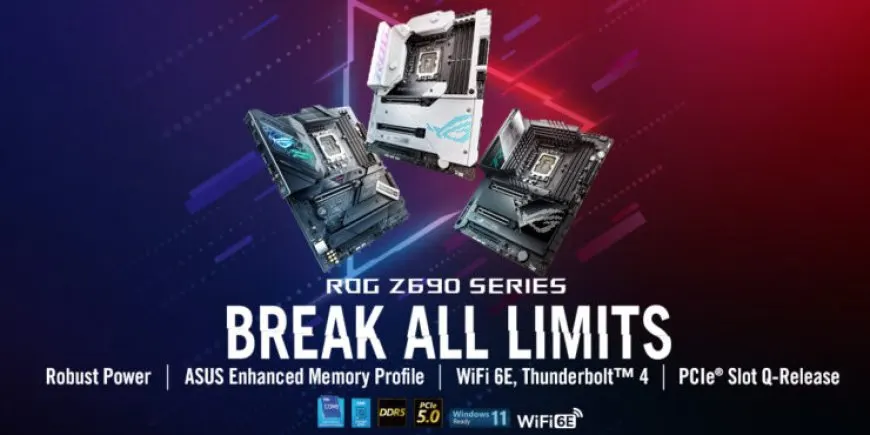 ASUS Z690 motherboard lineup featuring ROG, ROG STRIX, TUF Gaming, and PRIME series boards