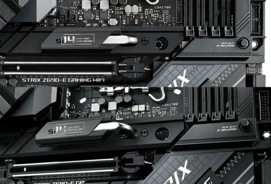 The ASUS Z690 ROG motherboard includes a Quick Slot Release lever for easy GPU removal from the PCIe slot.