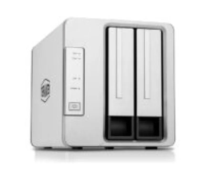 Compact TerraMaster F2-210 dual-bay NAS device with a metallic chassis and front panel connectivity ports
