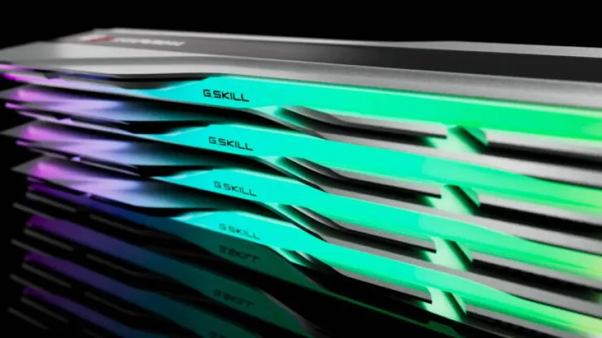 DDR5 RAM modules are shown alongside DDR4 sticks with a chart displaying price differences and benchmark results.