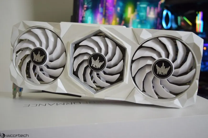 A white GALAX GeForce RTX 3080 HOF Extreme Edition graphics card features a triple fan cooling system.