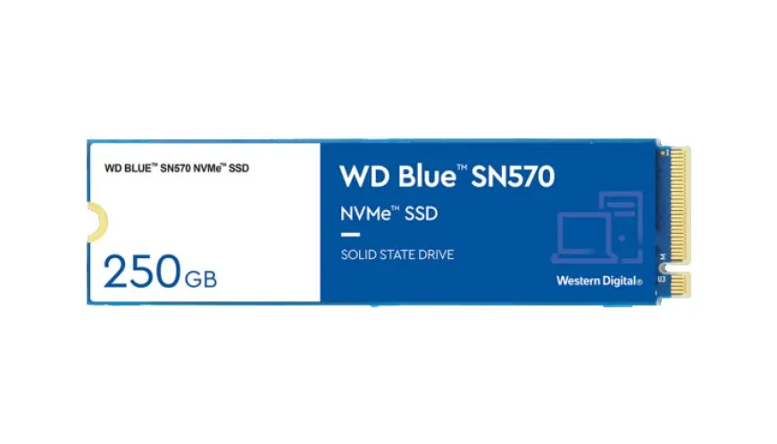 The Western Digital WD Blue SN570 NVMe SSD sits beside its retail packaging.