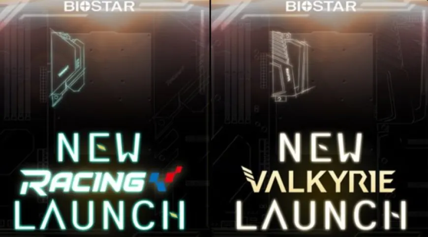 Biostar Valkyrie and Racing series Z690 motherboards are displayed together.