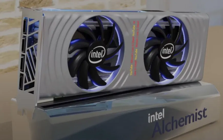 This reference Intel ARC Alchemist graphics card features a dual slot design with a silver finish and dual fans.