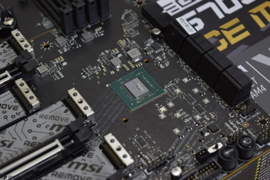 The MSI MEG X570S ACE MAX motherboard is displayed with its VRM heatsinks and PCIe slots.