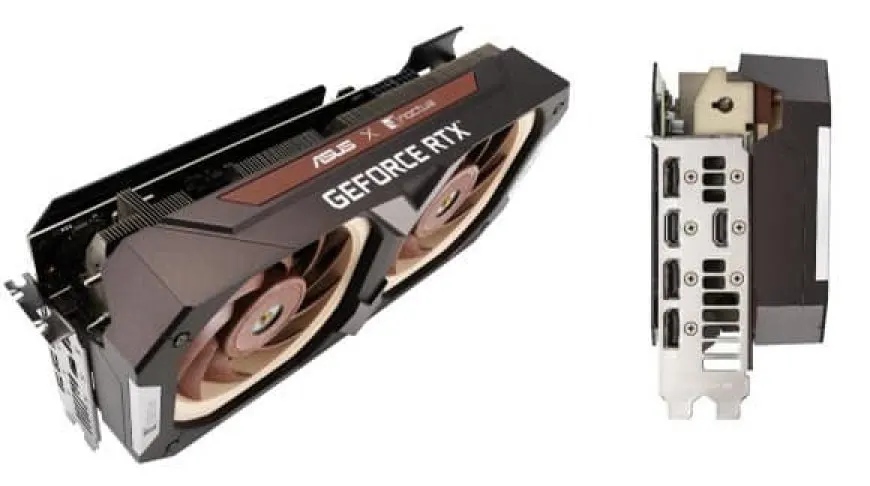 An ASUS GeForce RTX 3070 graphics card features the Noctua cooling solution with brown and beige fans.
