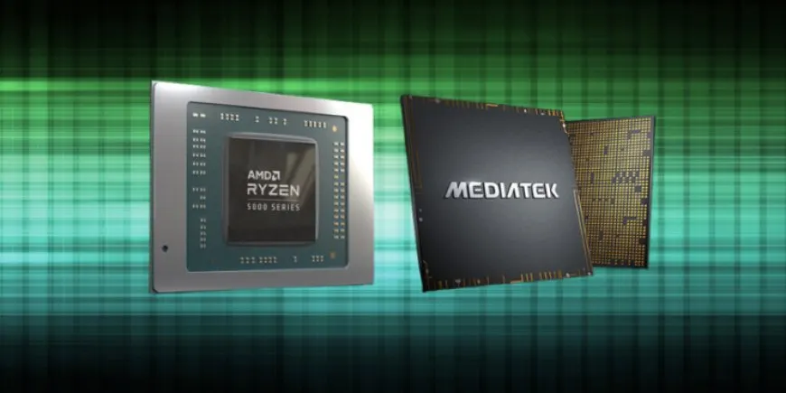 AMD and MediaTek logos appear side by side to illustrate rumors of a corporate joint venture.