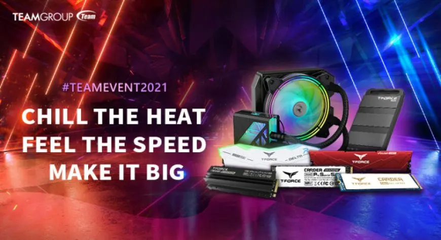 TeamGroup displays T-Force DELTA RGB and Vulcan DDR5 memory alongside Cardea Liquid II AIO-cooled and PCIe Gen 4 NVMe SSDs.