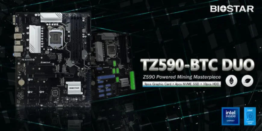 The BIOSTAR TZ590-BTC DUO motherboard supports cryptocurrency mining and casual computing tasks.