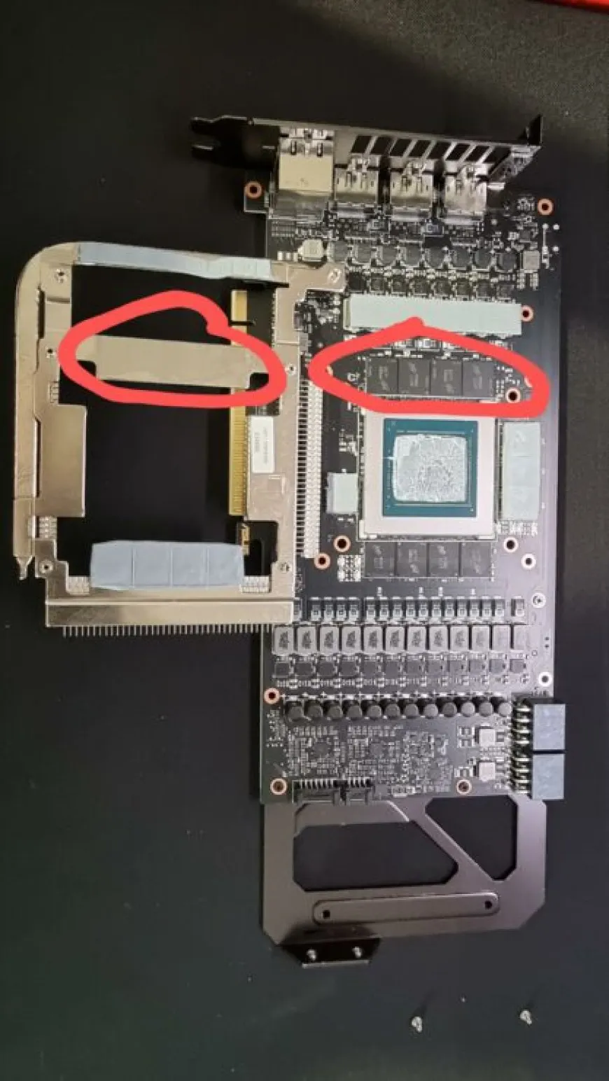The ASUS GeForce RTX 3080 Ti TUF OC graphics card shows a missing GDDR6X thermal pad on the memory module.