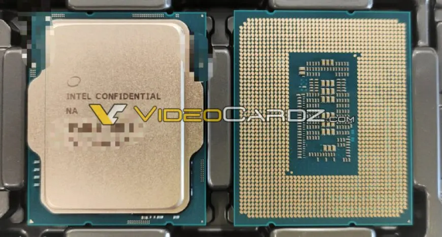 A leaked photograph shows an Intel Alder Lake CPU next to a Z690 motherboard featuring the LGA 1700 socket.