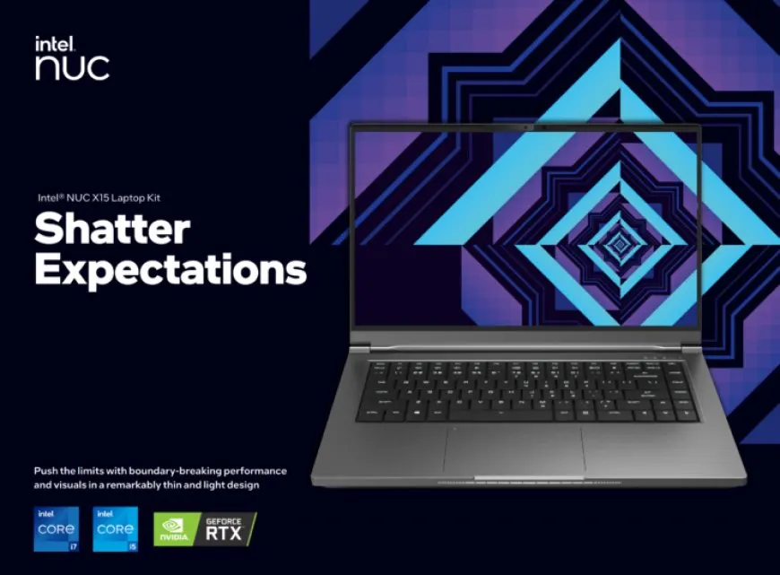 The Intel NUC X15 gaming laptop kit displays Tiger Lake-H processors and RTX 30 series graphics modules inside its chassis.