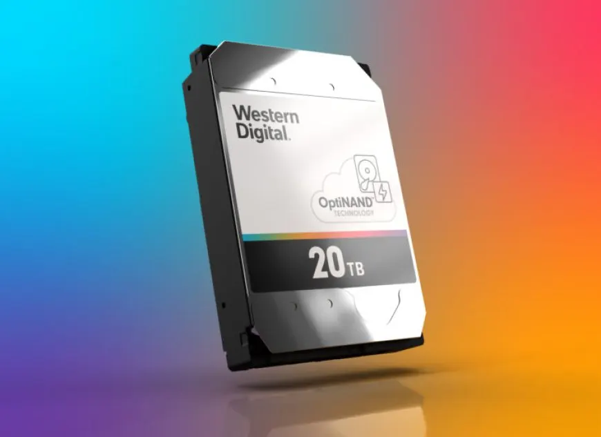 A Western Digital 20 terabyte mechanical hard drive featuring OptiNAND technology is displayed.