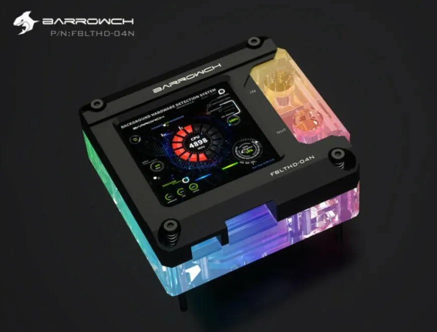 A Barrowch water block for Intel LGA 1200 processors features a 2-inch HDMI display.