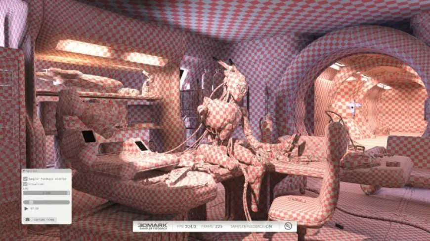 The 3DMark benchmark interface displays DX12 sampler feedback test results.