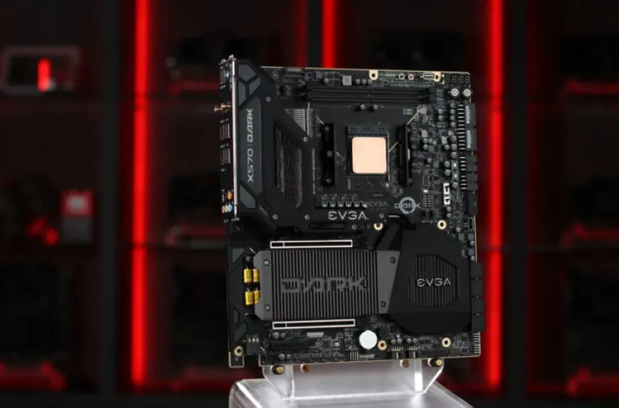 The EVGA X570 DARK motherboard is pictured with its cooling components for AMD Ryzen processors.