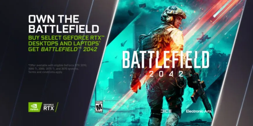 The graphic displays the NVIDIA GeForce RTX 30 series game bundle promotion offering a free Battlefield 2042 copy.