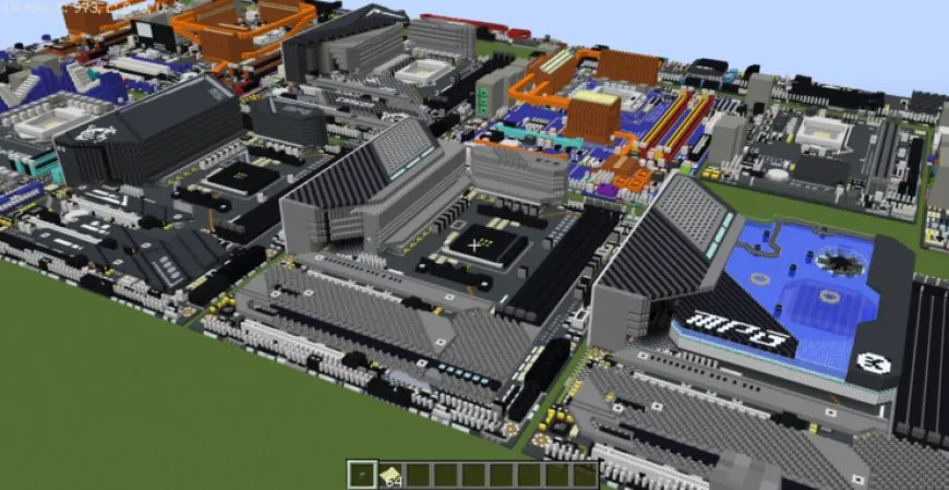 A Minecraft player constructed detailed replicas of Intel and AMD motherboards.