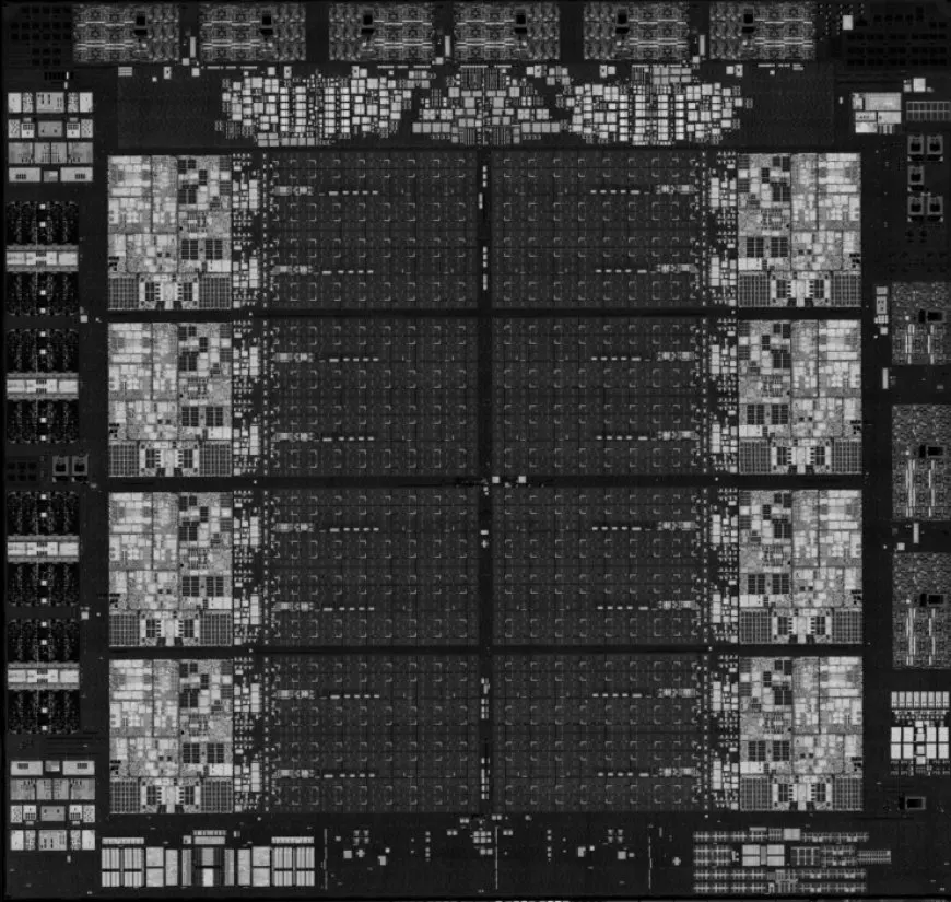The IBM Telum processor chip features eight cores, a 7nm process, and clock speeds over 5 GHz.