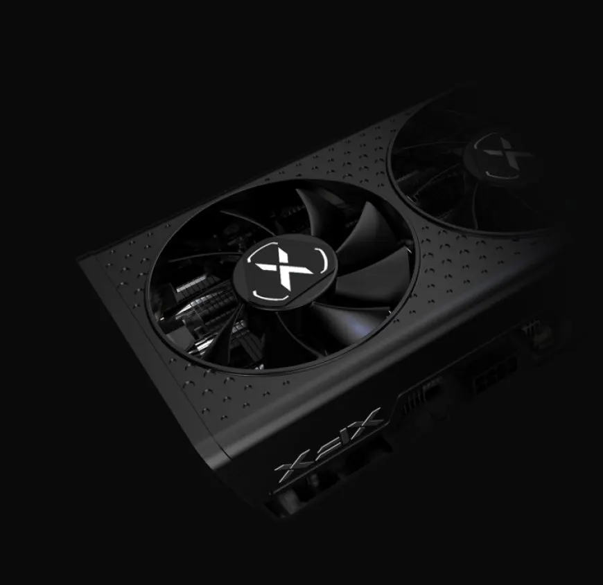 Three new XFX Radeon RX 6600 XT graphics cards are arranged side by side.
