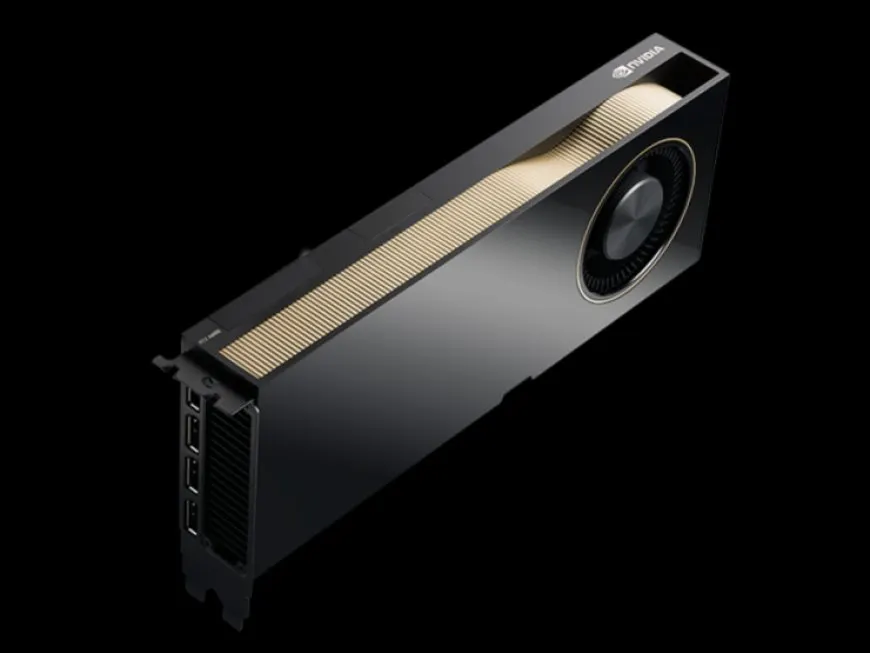 An NVIDIA Ampere RTX graphics card sits inside a workstation chassis next to the MSI Afterburner overclocking interface.