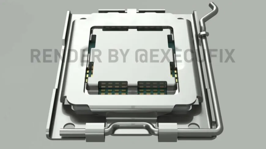 Render showing the AMD AM5 CPU socket with the LGA 1718 pin layout for next-generation Ryzen desktop processors.