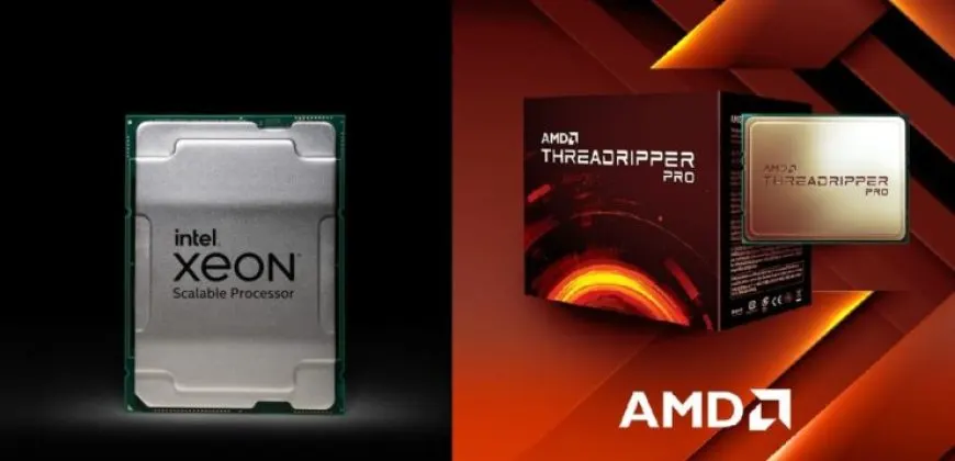 Benchmark results compare Intel Xeon W-3300 and AMD Threadripper Pro processor performance.