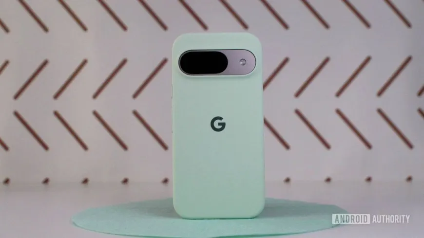 The official Google Pixel 9 silicone case rests on a neutral surface and shows a slim profile.