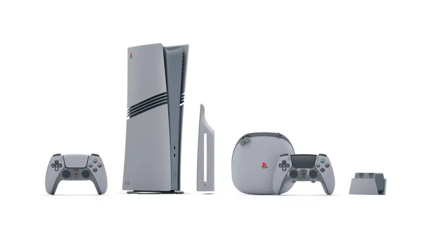 Limited edition PS5 and PS5 Pro consoles with a retro PlayStation 1 design for the 30th Anniversary Collection.
