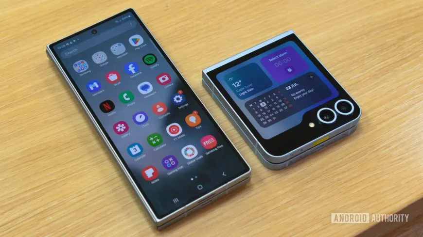 Samsung Galaxy Z Fold 6 and Z Flip 6 smartphones are displayed side by side to showcase their foldable designs.