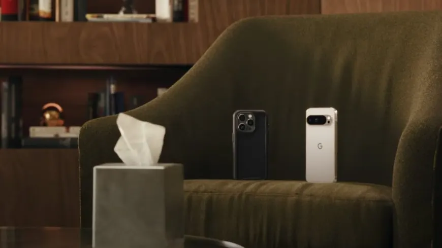 Google's talking pixel mascot stands next to an iPhone to represent the arrival of RCS on iOS 18.