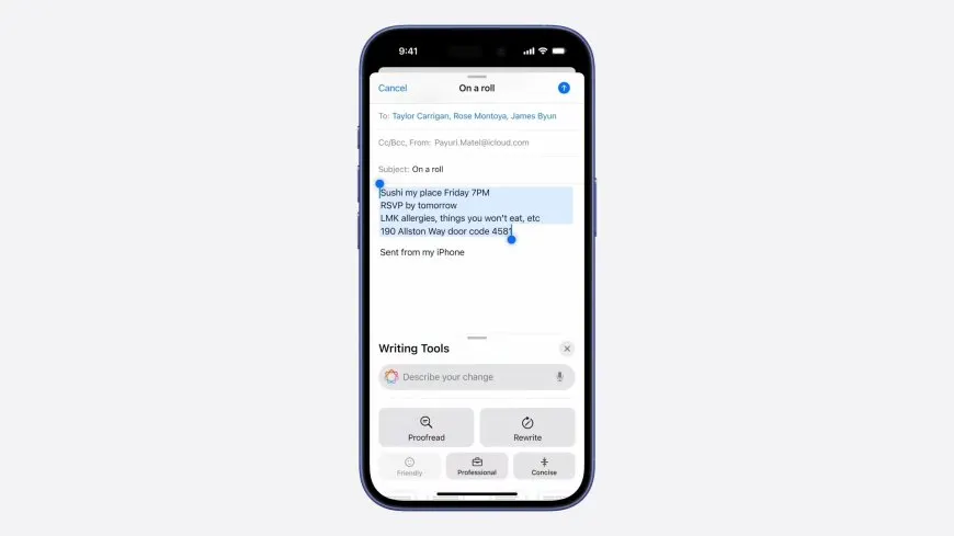 An iPhone screen displays the Apple Intelligence writing interface with a loading indicator.