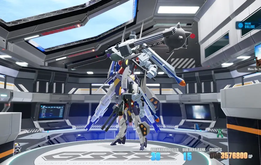 A customized Gundam mobile suit rests on a display stand, showcasing intricate armor plating and mechanical details.