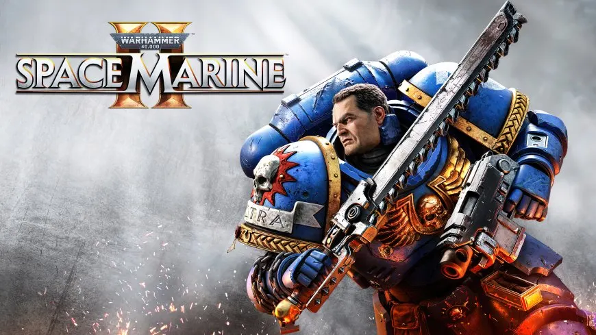 A Space Marine in power armor stands beside a statue of the Emperor of Mankind for the PS5 game review.