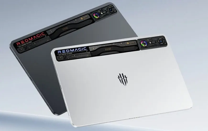 The Redmagic gaming tablet features an angular chassis, visible cooling vents, and dedicated gaming buttons.