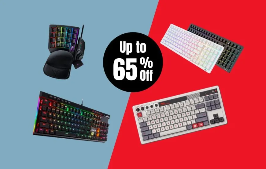 The photograph displays several gaming keyboards arranged to highlight mechanical switches and ergonomic designs.