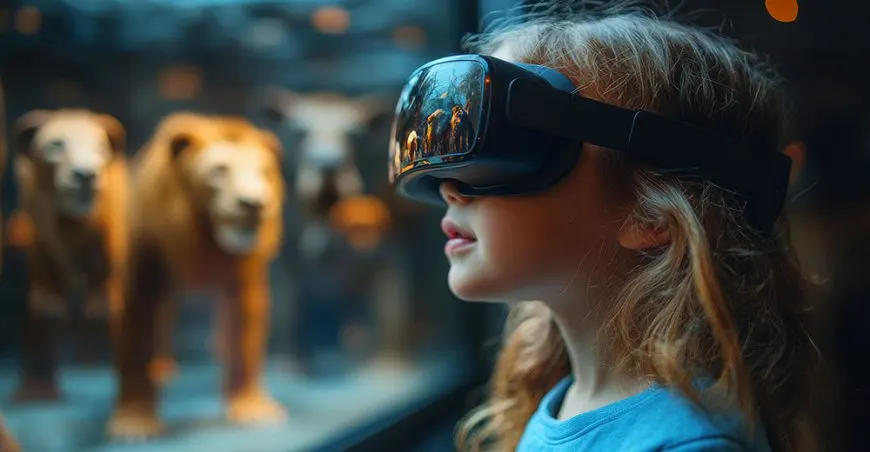 Shield icons and content filters surrounding virtual reality headsets, illustrating child safety and censorship concerns.