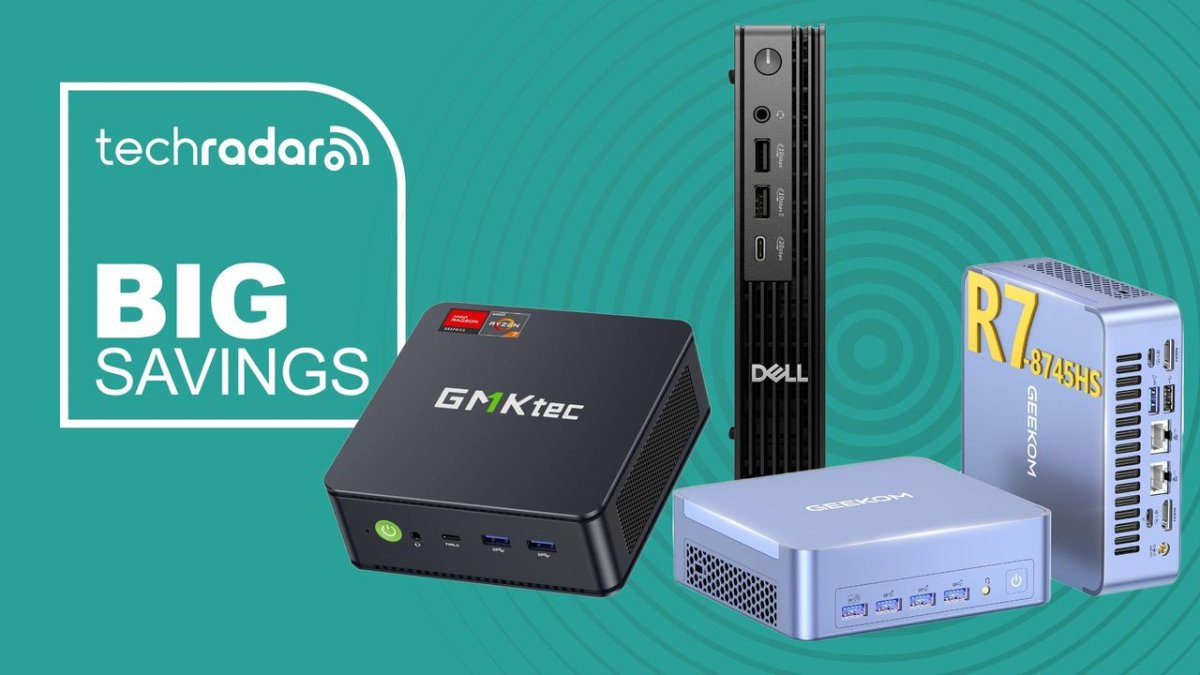 Collection of compact desktop computers from Dell, Geekom, and GMKtec