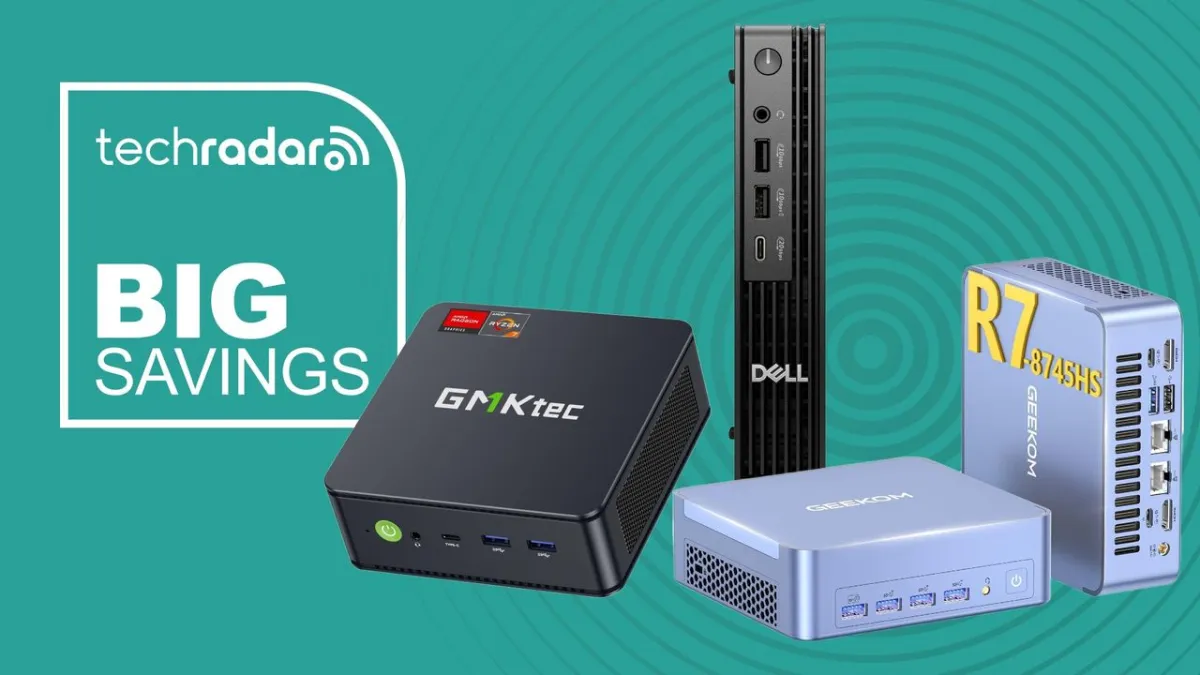 Collection of compact desktop computers from Dell, Geekom, and GMKtec