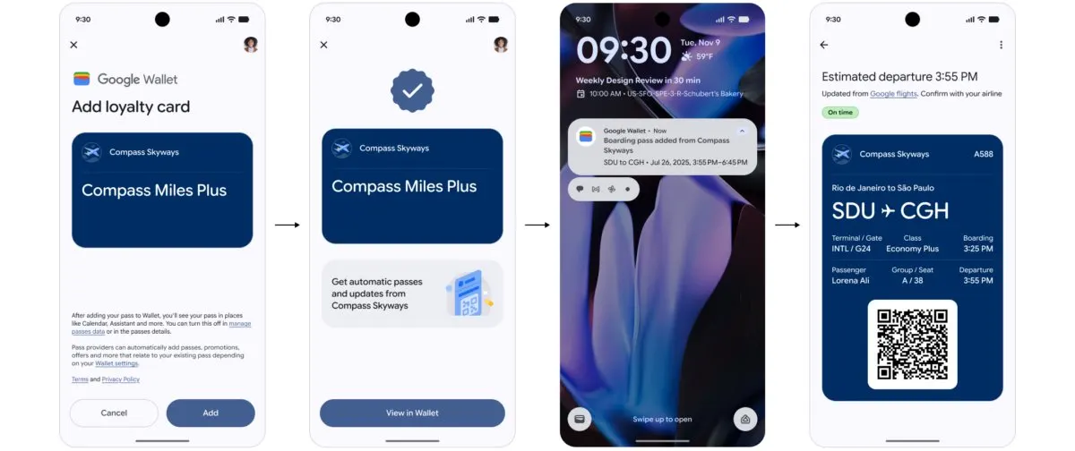 The Google Wallet interface displays automatic boarding pass and baggage tag linking alongside airline loyalty enrollment.