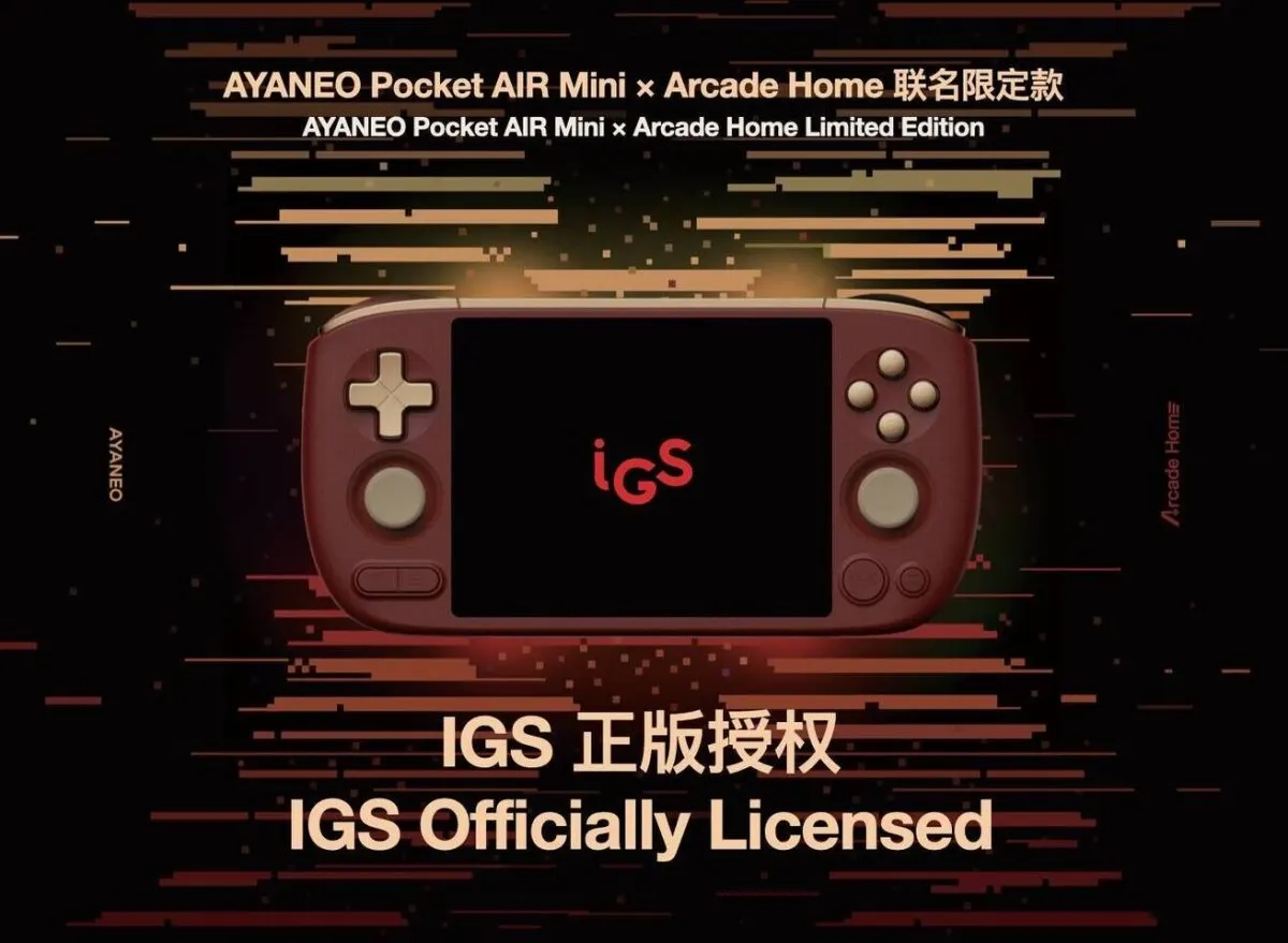 The photo shows the Ayaneo Pocket AIR Mini IGS Limited Edition handheld device featuring retro arcade styling and modern h...