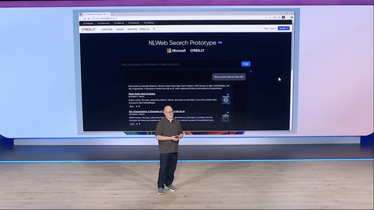 Diagram illustrates Microsoft NLWeb Protocol architecture shifting from browser-centric navigation to natural language int...