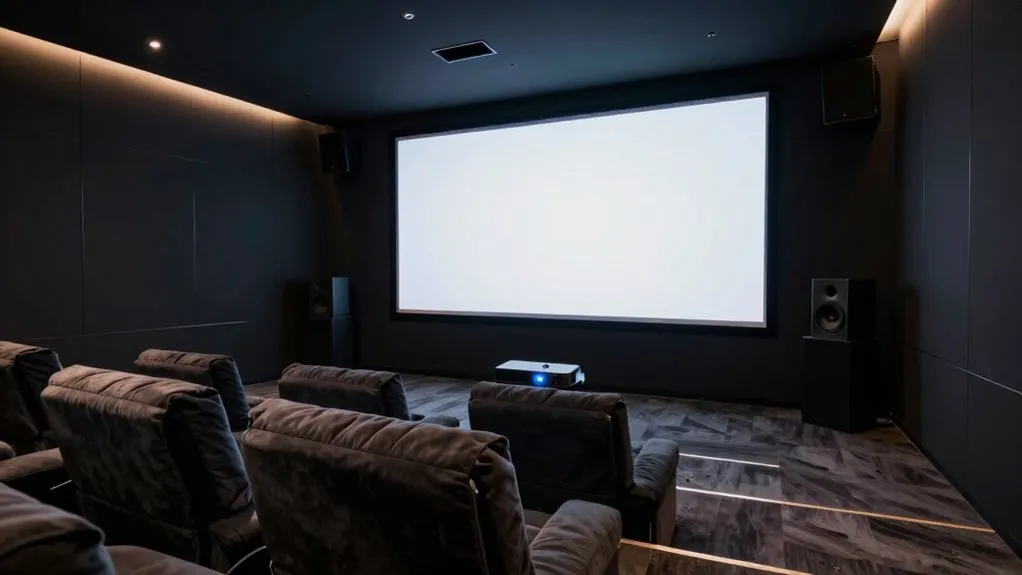 A contemporary projector displays a large screen in a modern living room.