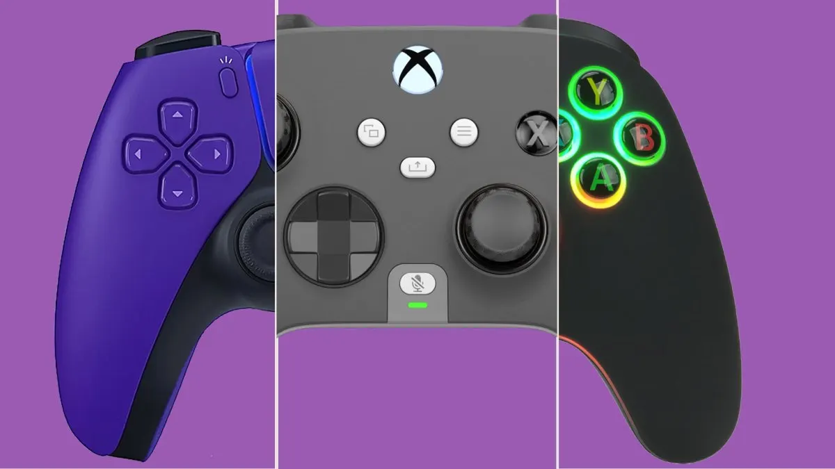 A modern wireless gaming controller displays its dual analog sticks and face buttons.