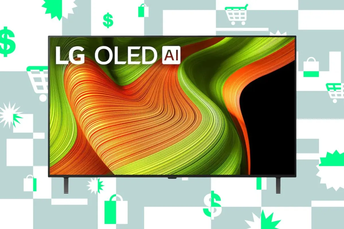 The seventy-seven inch LG B5 OLED television is shown on a stand.